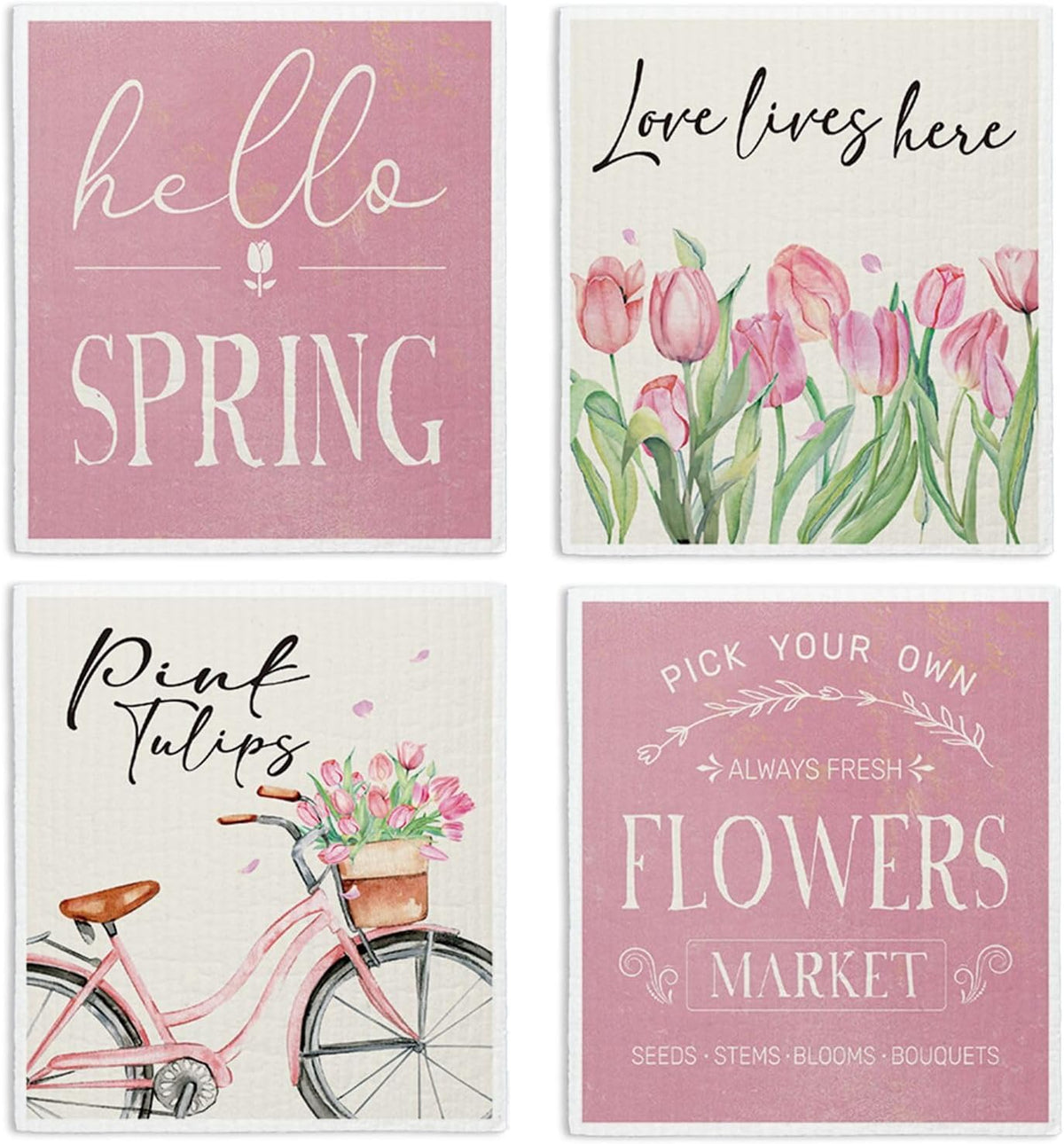 Hello Spring Decor Swedish Dishcloths, Pink Tulips, 4 Pack Reusable Paper Towels, Cotton and Wood Pulp Blend, 6.7 x 7.5 Inches
