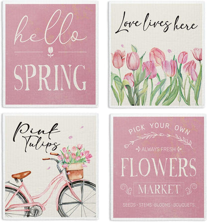 Hello Spring Decor Swedish Dishcloths, Pink Tulips, 4 Pack Reusable Paper Towels, Cotton and Wood Pulp Blend, 6.7 x 7.5 Inches