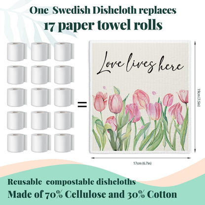 Hello Spring Decor Swedish Dishcloths, Pink Tulips, 4 Pack Reusable Paper Towels, Cotton and Wood Pulp Blend, 6.7 x 7.5 Inches
