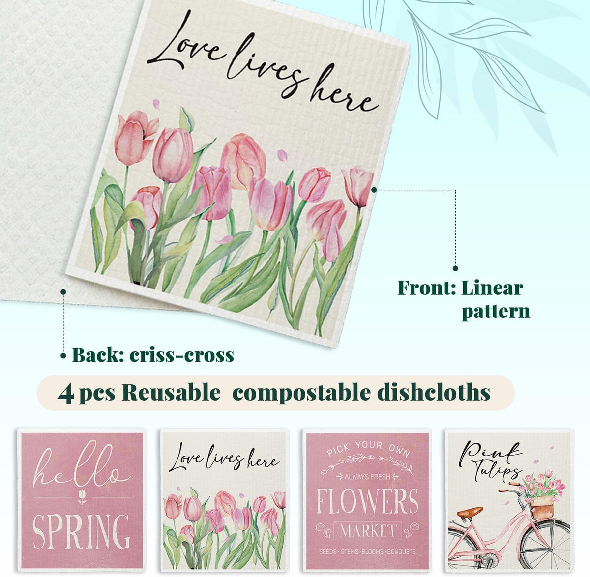 Hello Spring Decor Swedish Dishcloths, Pink Tulips, 4 Pack Reusable Paper Towels, Cotton and Wood Pulp Blend, 6.7 x 7.5 Inches