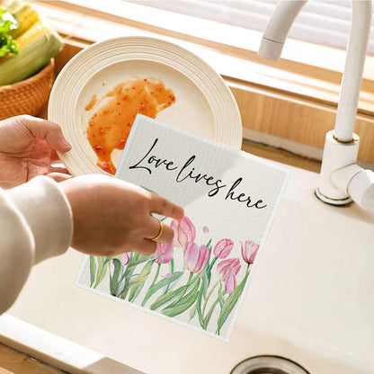 Hello Spring Decor Swedish Dishcloths, Pink Tulips, 4 Pack Reusable Paper Towels, Cotton and Wood Pulp Blend, 6.7 x 7.5 Inches