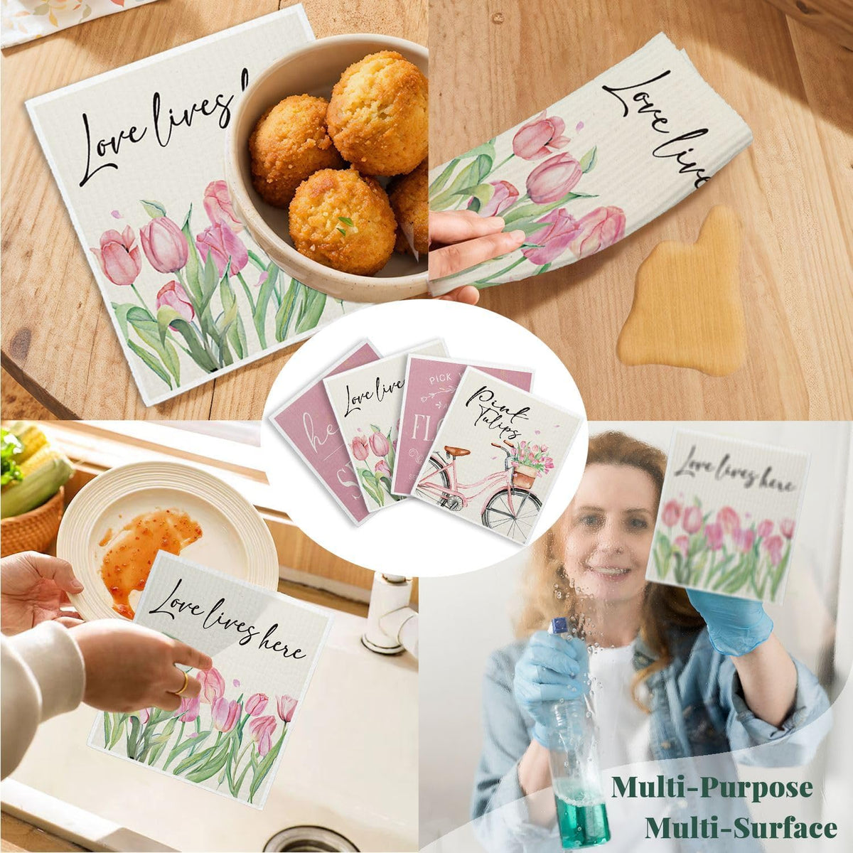 Hello Spring Decor Swedish Dishcloths, Pink Tulips, 4 Pack Reusable Paper Towels, Cotton and Wood Pulp Blend, 6.7 x 7.5 Inches