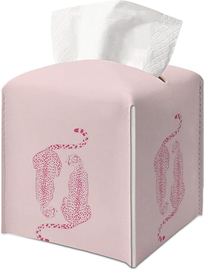 Leopard Cheetah Tissue Box Cover — Pink Trendy Preppy Y2k Leopard Cheetah Print Decorative Aesthetic Square Faux Leather Tissue Box Holder Dispenser, 5.3x5.3x5.3 Inch