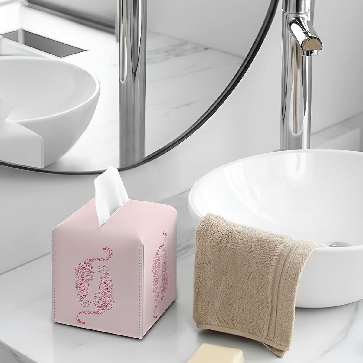 Leopard Cheetah Tissue Box Cover — Pink Trendy Preppy Y2k Leopard Cheetah Print Decorative Aesthetic Square Faux Leather Tissue Box Holder Dispenser, 5.3x5.3x5.3 Inch