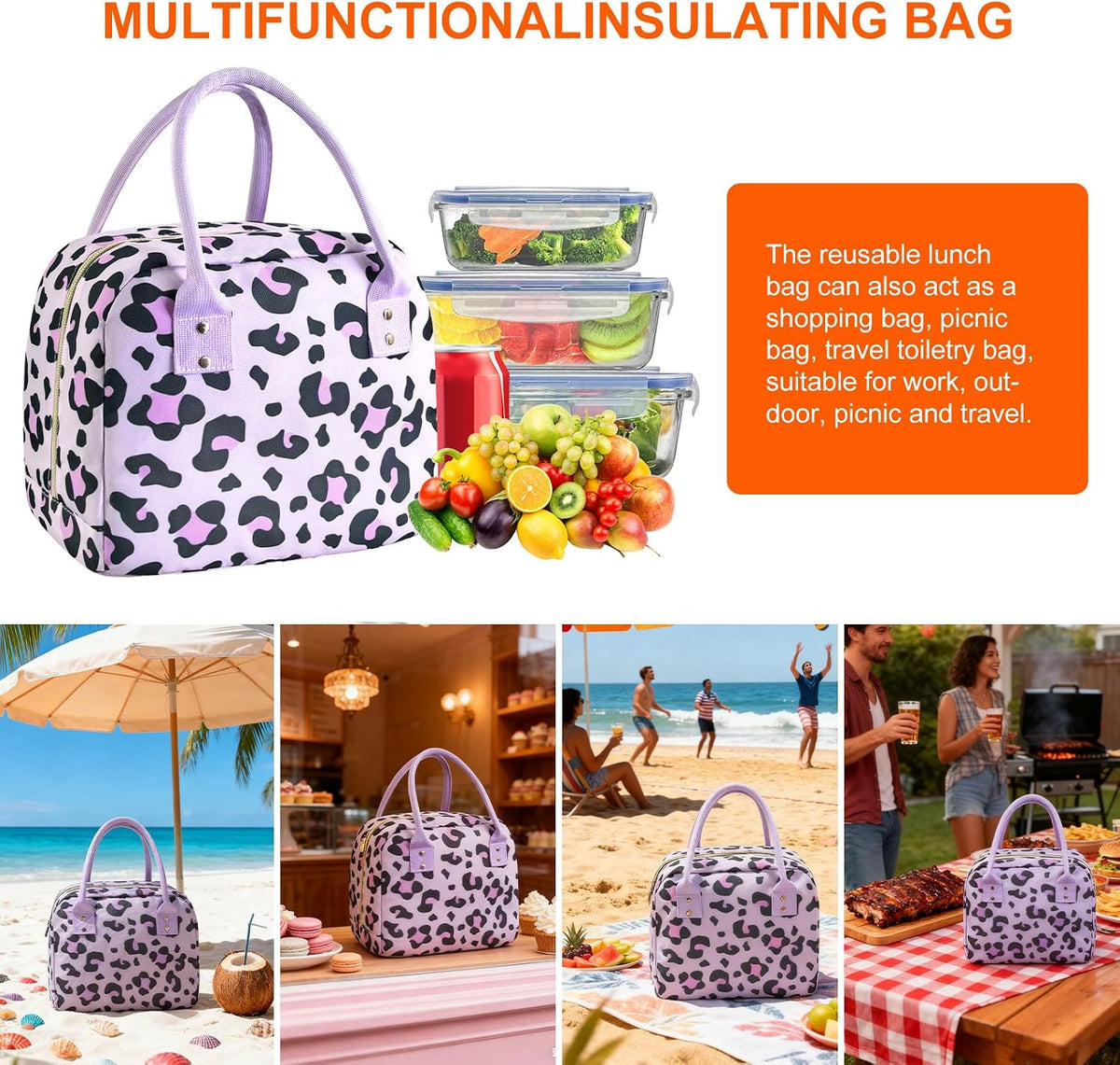 Insulated Lunch Bag Cute Lunch Box for Women Cooler, Pink Leopard