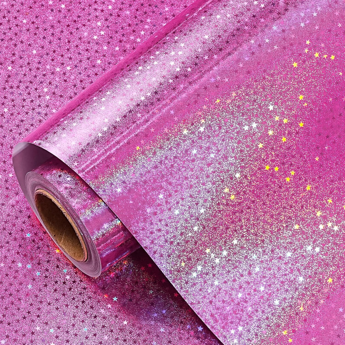 Pink Wrapping Paper Roll - Mini Roll - 17 Inch x 16.5 Feet - Metallic Holographic Star Wrapping Paper for Birthday, Wedding, Baby Shower, Bridal Shower, Christmas