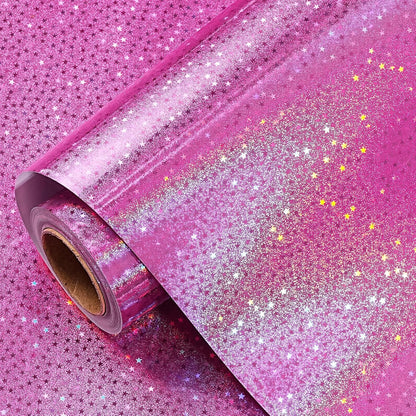 Pink Wrapping Paper Roll - Mini Roll - 17 Inch x 16.5 Feet - Metallic Holographic Star Wrapping Paper for Birthday, Wedding, Baby Shower, Bridal Shower, Christmas