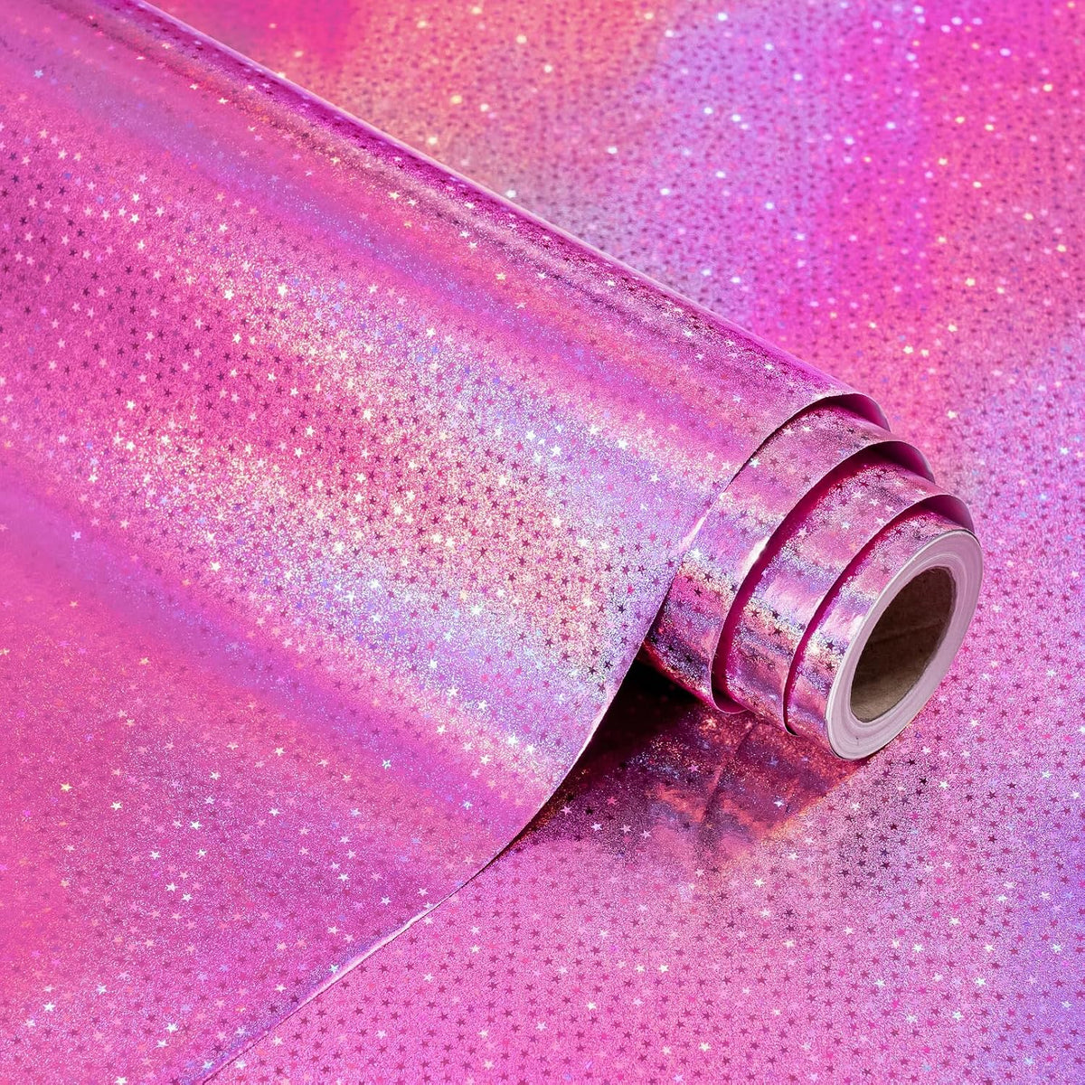 Pink Wrapping Paper Roll - Mini Roll - 17 Inch x 16.5 Feet - Metallic Holographic Star Wrapping Paper for Birthday, Wedding, Baby Shower, Bridal Shower, Christmas