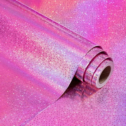 Pink Wrapping Paper Roll - Mini Roll - 17 Inch x 16.5 Feet - Metallic Holographic Star Wrapping Paper for Birthday, Wedding, Baby Shower, Bridal Shower, Christmas