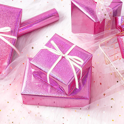 Pink Wrapping Paper Roll - Mini Roll - 17 Inch x 16.5 Feet - Metallic Holographic Star Wrapping Paper for Birthday, Wedding, Baby Shower, Bridal Shower, Christmas