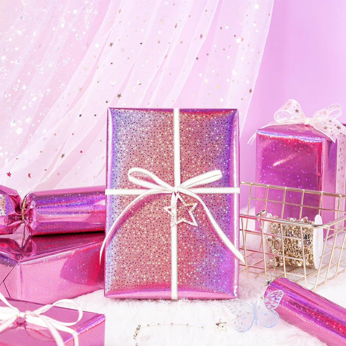 Pink Wrapping Paper Roll - Mini Roll - 17 Inch x 16.5 Feet - Metallic Holographic Star Wrapping Paper for Birthday, Wedding, Baby Shower, Bridal Shower, Christmas