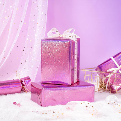 Pink Wrapping Paper Roll - Mini Roll - 17 Inch x 16.5 Feet - Metallic Holographic Star Wrapping Paper for Birthday, Wedding, Baby Shower, Bridal Shower, Christmas