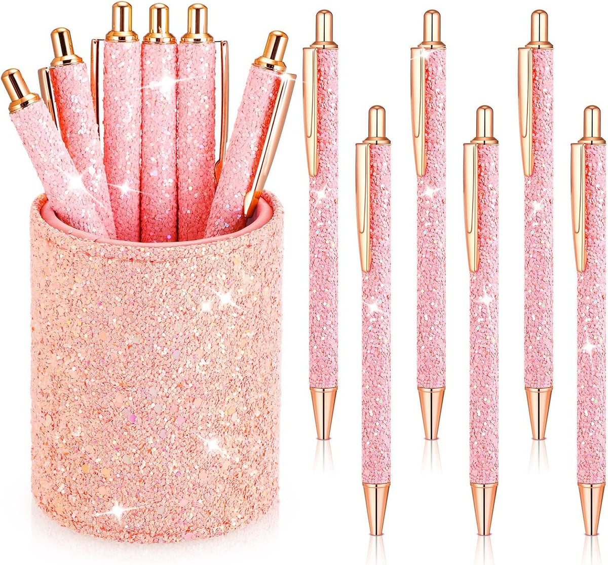 Bling Sequin Pen Holder with 6 Pcs Sequin Click Pens Cute Glitter Retractable Ballpoint Pens, Pencil Cups for Desk Organizer Makeup Brush Holder for Women Girls Classroom Offices(Light Pink)