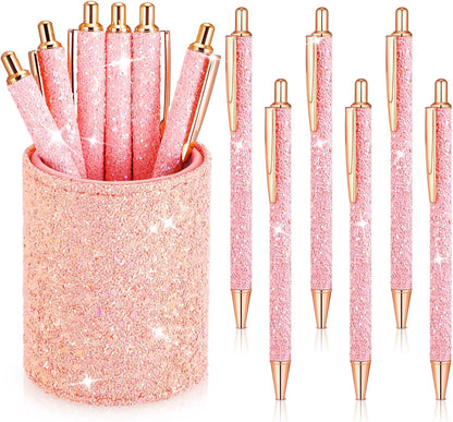 Bling Sequin Pen Holder with 6 Pcs Sequin Click Pens Cute Glitter Retractable Ballpoint Pens, Pencil Cups for Desk Organizer Makeup Brush Holder for Women Girls Classroom Offices(Light Pink)