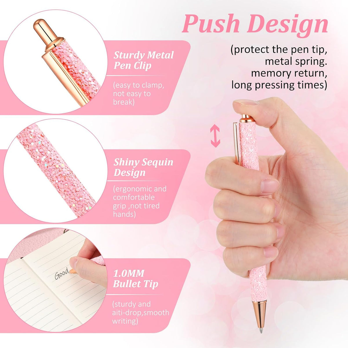 Bling Sequin Pen Holder with 6 Pcs Sequin Click Pens Cute Glitter Retractable Ballpoint Pens, Pencil Cups for Desk Organizer Makeup Brush Holder for Women Girls Classroom Offices(Light Pink)
