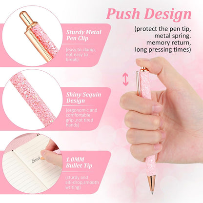 Bling Sequin Pen Holder with 6 Pcs Sequin Click Pens Cute Glitter Retractable Ballpoint Pens, Pencil Cups for Desk Organizer Makeup Brush Holder for Women Girls Classroom Offices(Light Pink)