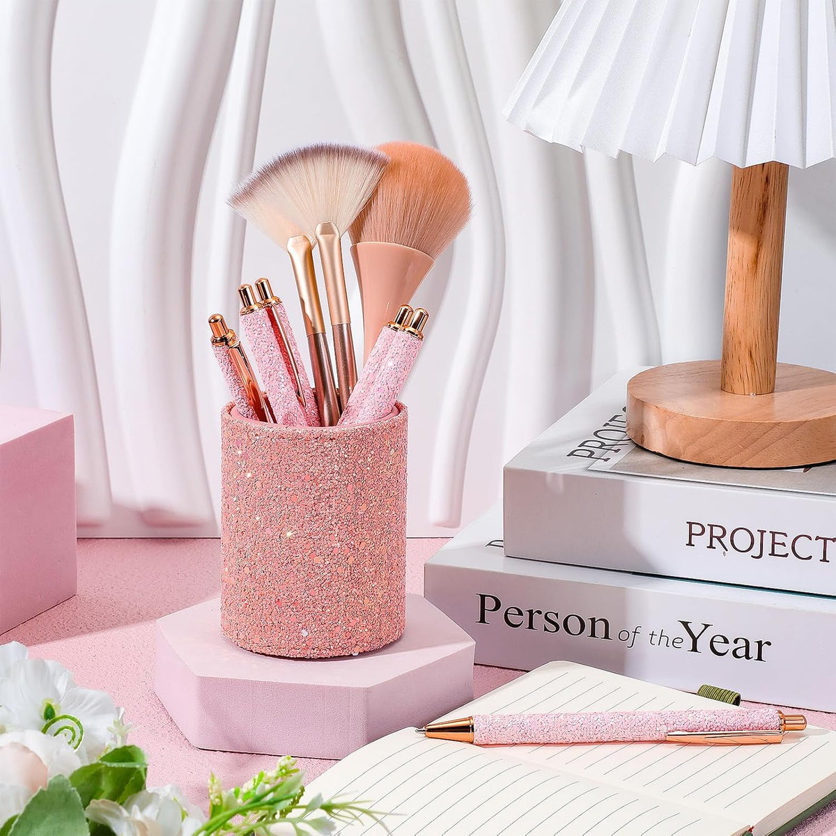 Bling Sequin Pen Holder with 6 Pcs Sequin Click Pens Cute Glitter Retractable Ballpoint Pens, Pencil Cups for Desk Organizer Makeup Brush Holder for Women Girls Classroom Offices(Light Pink)
