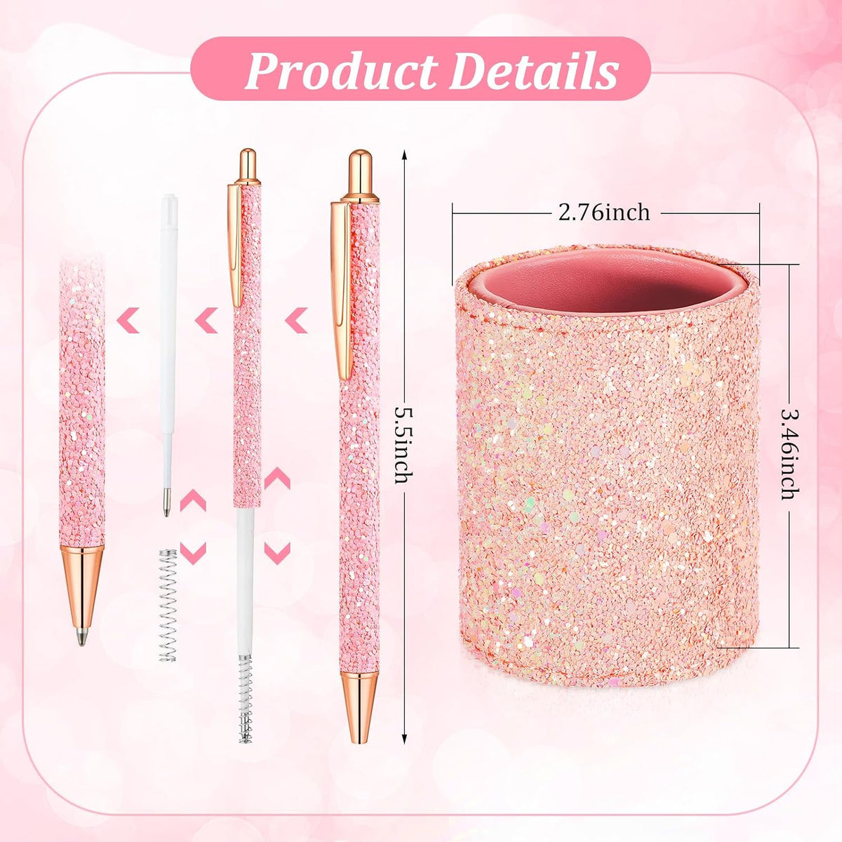 Bling Sequin Pen Holder with 6 Pcs Sequin Click Pens Cute Glitter Retractable Ballpoint Pens, Pencil Cups for Desk Organizer Makeup Brush Holder for Women Girls Classroom Offices(Light Pink)