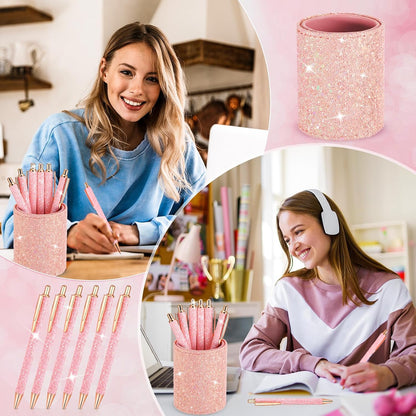 Bling Sequin Pen Holder with 6 Pcs Sequin Click Pens Cute Glitter Retractable Ballpoint Pens, Pencil Cups for Desk Organizer Makeup Brush Holder for Women Girls Classroom Offices(Light Pink)