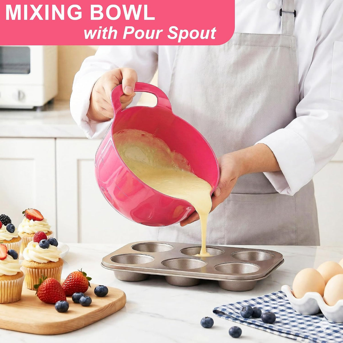 BoxedHome 4 Pack Nesting Mixing Bowl with Pour Spout and Handle, BPA free Microwave & Dishwasher Safe(Pink Gradient, 4 Pack with Handle)