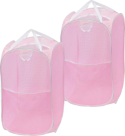 Mesh Pop-Up Laundry Hamper with Side Pocket, 2 Pack, Pink