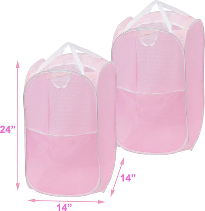 Mesh Pop-Up Laundry Hamper with Side Pocket, 2 Pack, Pink