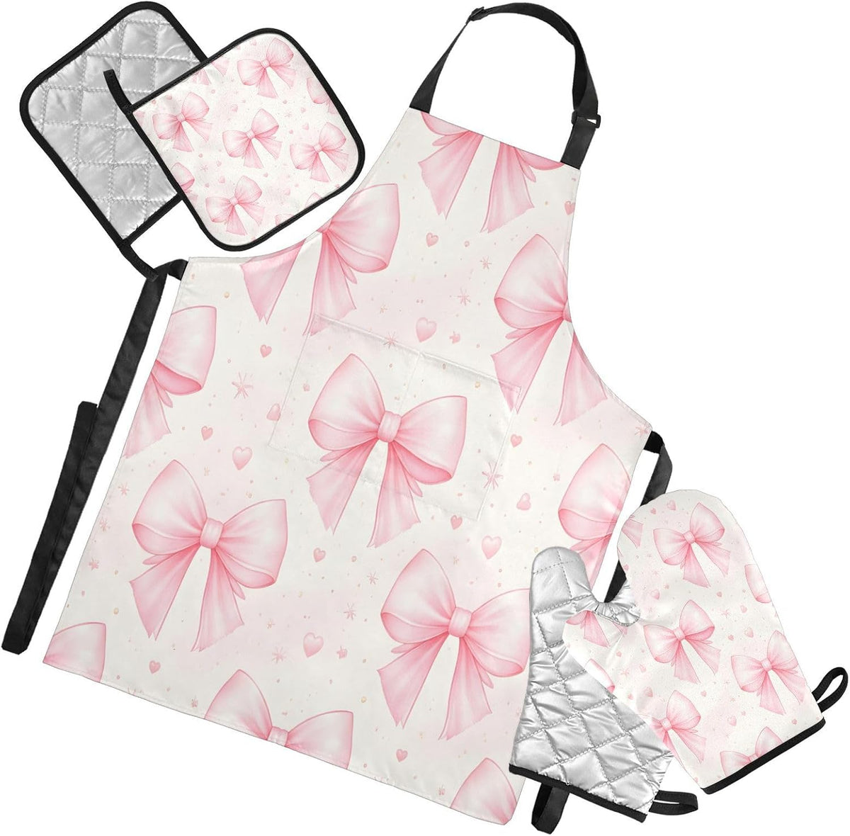 Bows Light Pink Oven Mitts and Pot Holders Sets with Adjustable Apron 5Pcs, Heat Resistant Kitchen Gloves and Non-Slip Potholders