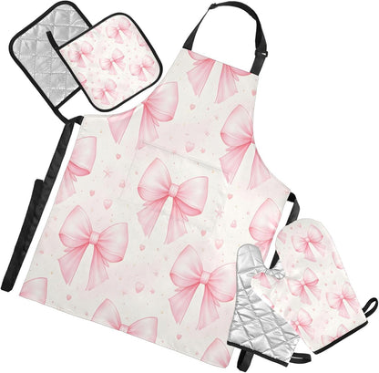 Bows Light Pink Oven Mitts and Pot Holders Sets with Adjustable Apron 5Pcs, Heat Resistant Kitchen Gloves and Non-Slip Potholders