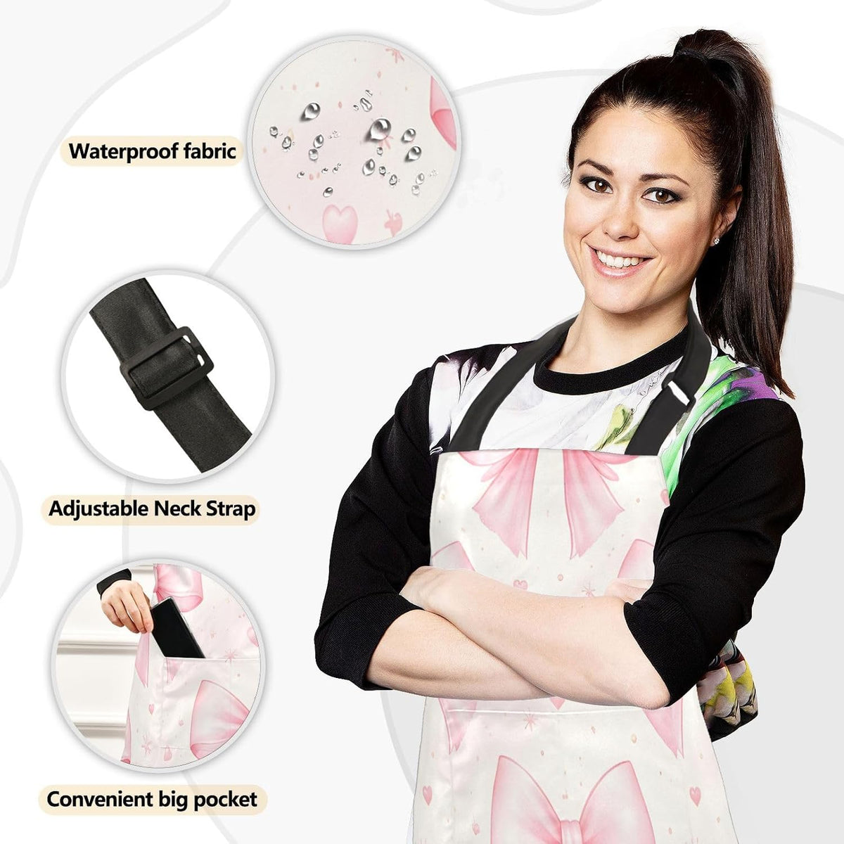 Bows Light Pink Oven Mitts and Pot Holders Sets with Adjustable Apron 5Pcs, Heat Resistant Kitchen Gloves and Non-Slip Potholders
