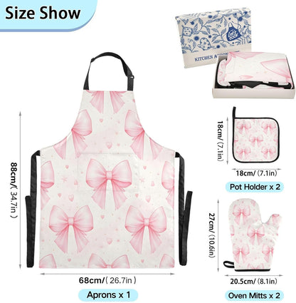 Bows Light Pink Oven Mitts and Pot Holders Sets with Adjustable Apron 5Pcs, Heat Resistant Kitchen Gloves and Non-Slip Potholders