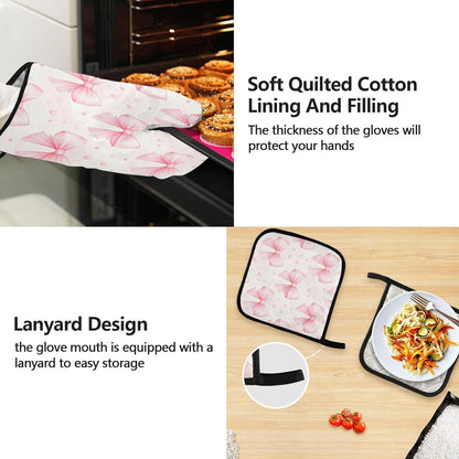 Bows Light Pink Oven Mitts and Pot Holders Sets with Adjustable Apron 5Pcs, Heat Resistant Kitchen Gloves and Non-Slip Potholders