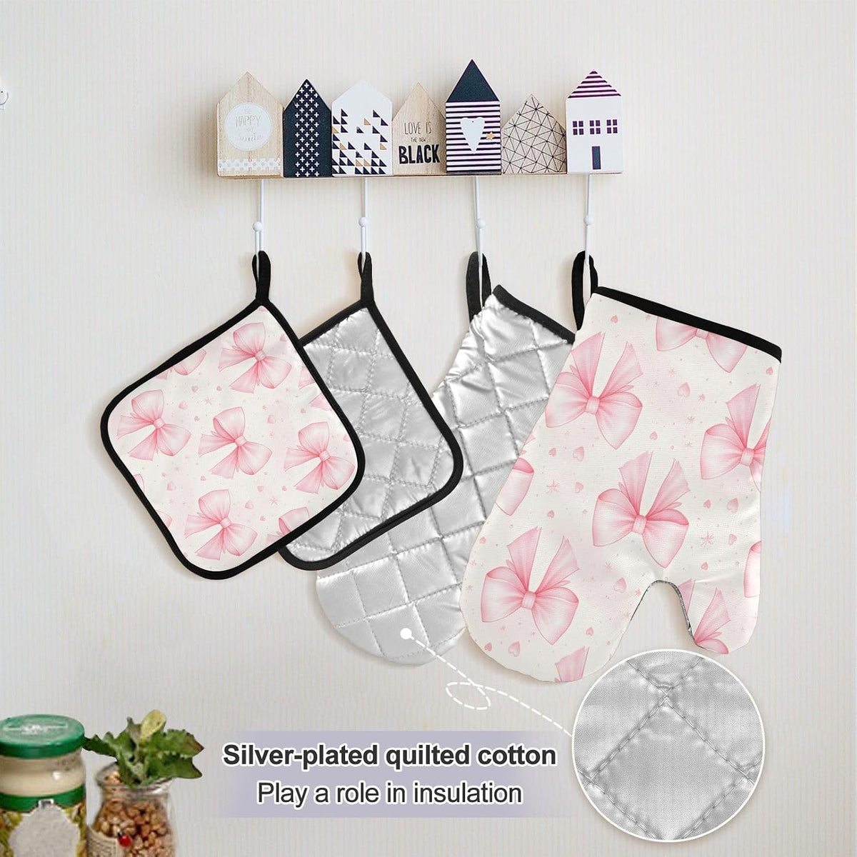 Bows Light Pink Oven Mitts and Pot Holders Sets with Adjustable Apron 5Pcs, Heat Resistant Kitchen Gloves and Non-Slip Potholders