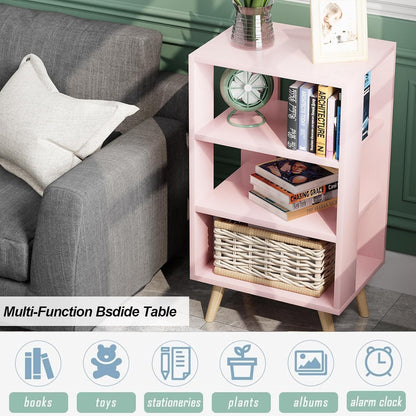 Night Stand, Pink Nightstand, Modern End Table with Open Storage, 3-Tier Wooden Bedside Table for Small Space, Living Room, Bedroom