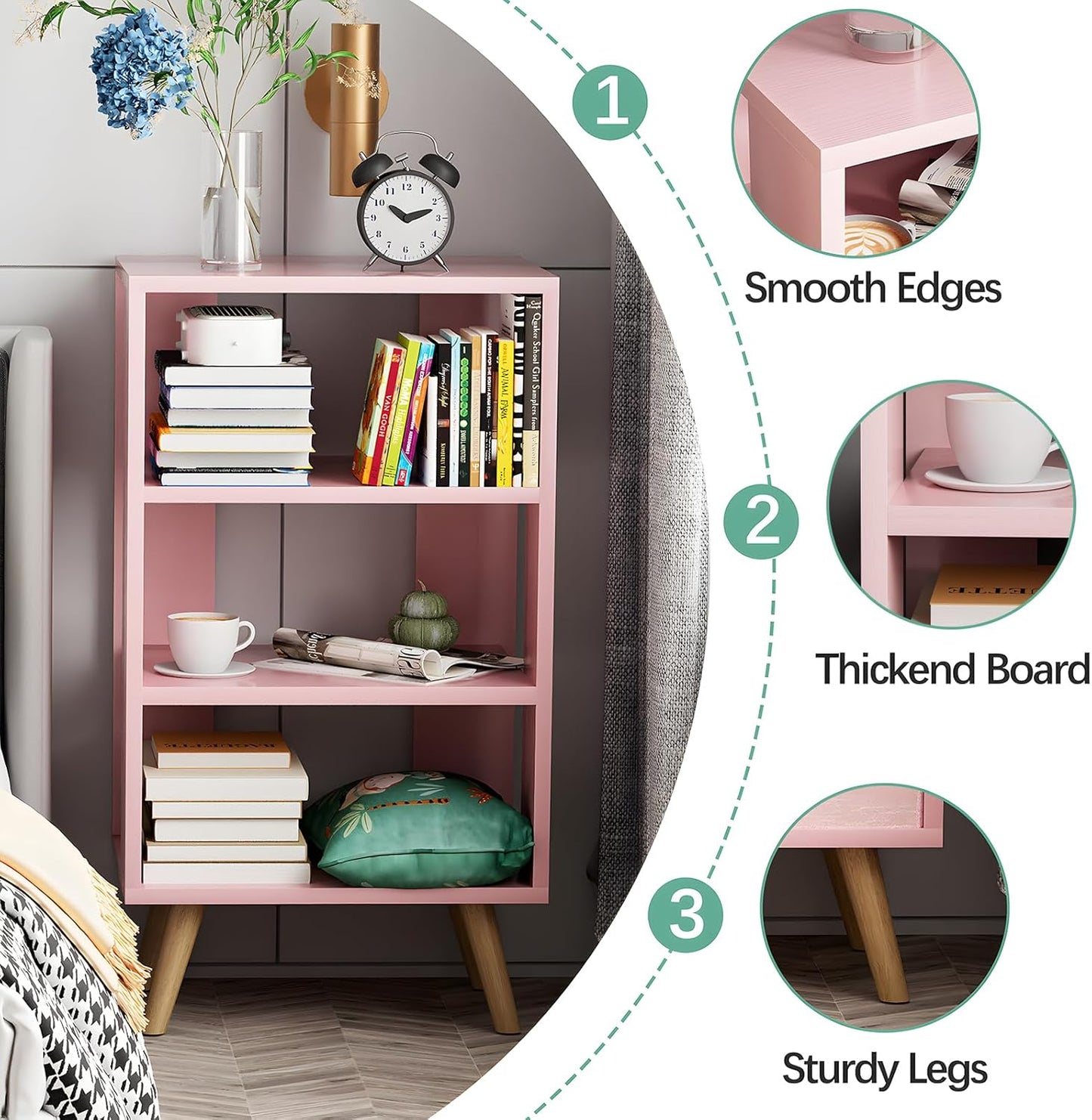 Night Stand, Pink Nightstand, Modern End Table with Open Storage, 3-Tier Wooden Bedside Table for Small Space, Living Room, Bedroom