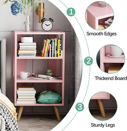 Night Stand, Pink Nightstand, Modern End Table with Open Storage, 3-Tier Wooden Bedside Table for Small Space, Living Room, Bedroom