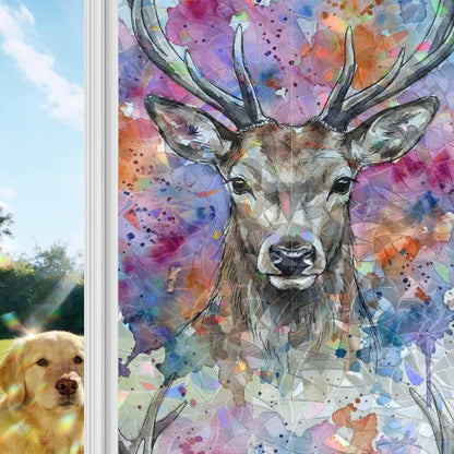Elk Window Privacy Film Stain Glass,Reusable Rainbow Window Film,Pink Purple Blue Watercolor Splashes Splatter Animal Non-Adhesive Static Cling Sun Blocking Stickers Decals Covers 23.6" x 59" (2pcs)