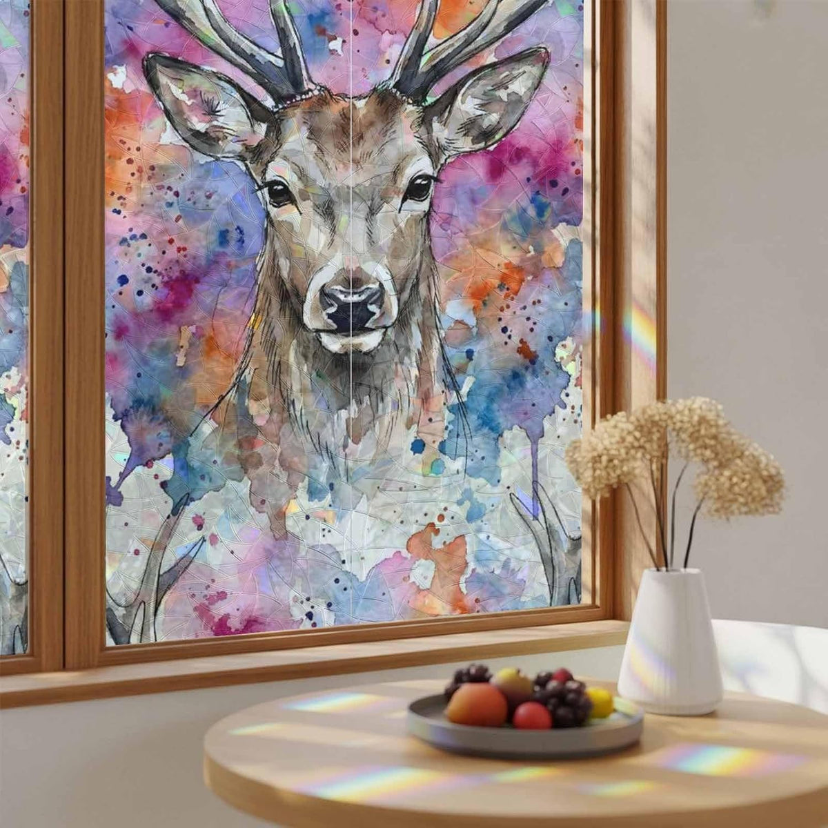 Elk Window Privacy Film Stain Glass,Reusable Rainbow Window Film,Pink Purple Blue Watercolor Splashes Splatter Animal Non-Adhesive Static Cling Sun Blocking Stickers Decals Covers 23.6" x 59" (2pcs)