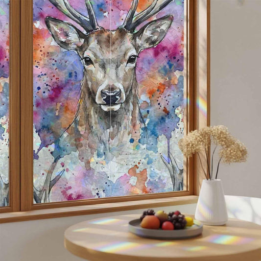 Elk Window Privacy Film Stain Glass,Reusable Rainbow Window Film,Pink Purple Blue Watercolor Splashes Splatter Animal Non-Adhesive Static Cling Sun Blocking Stickers Decals Covers 23.6" x 59" (2pcs)