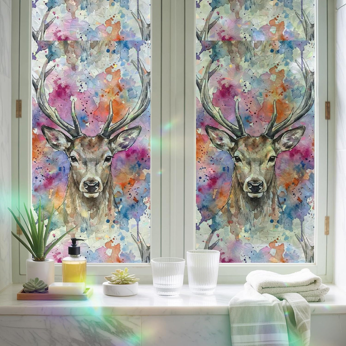 Elk Window Privacy Film Stain Glass,Reusable Rainbow Window Film,Pink Purple Blue Watercolor Splashes Splatter Animal Non-Adhesive Static Cling Sun Blocking Stickers Decals Covers 23.6" x 59" (2pcs)