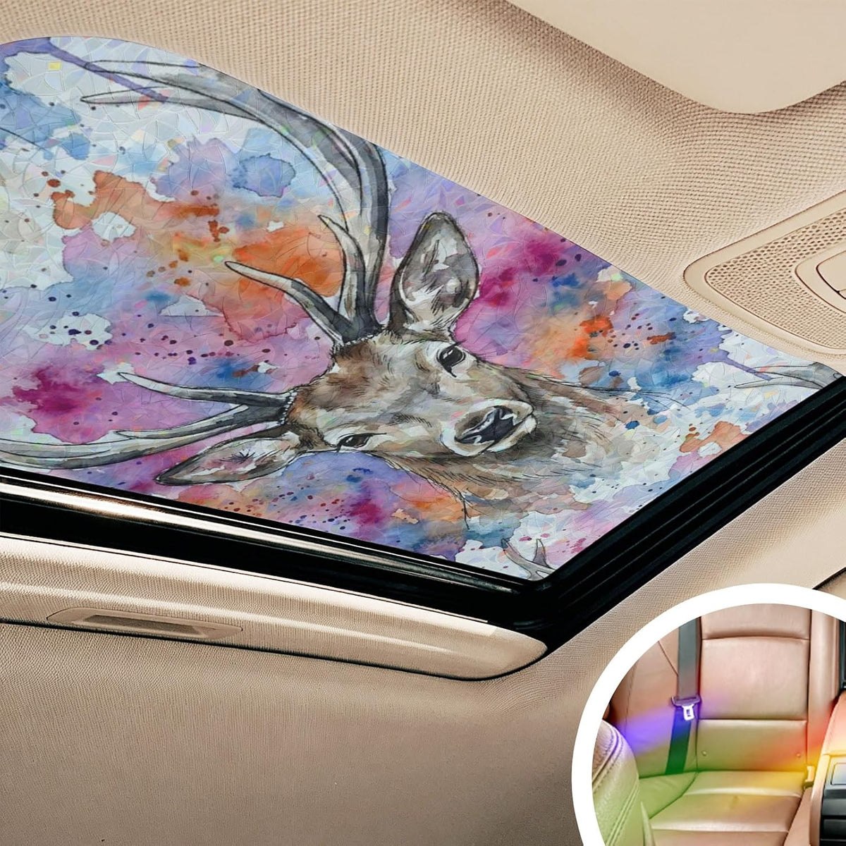 Elk Window Privacy Film Stain Glass,Reusable Rainbow Window Film,Pink Purple Blue Watercolor Splashes Splatter Animal Non-Adhesive Static Cling Sun Blocking Stickers Decals Covers 23.6" x 59" (2pcs)