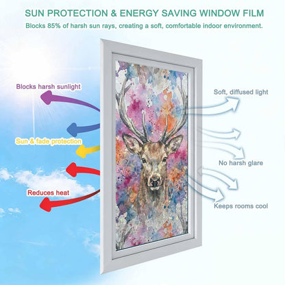 Elk Window Privacy Film Stain Glass,Reusable Rainbow Window Film,Pink Purple Blue Watercolor Splashes Splatter Animal Non-Adhesive Static Cling Sun Blocking Stickers Decals Covers 23.6" x 59" (2pcs)