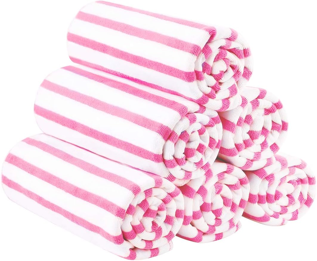 Microfiber Beach Towels Set of 6, 27" x 55", Cabana Stripe Pink
