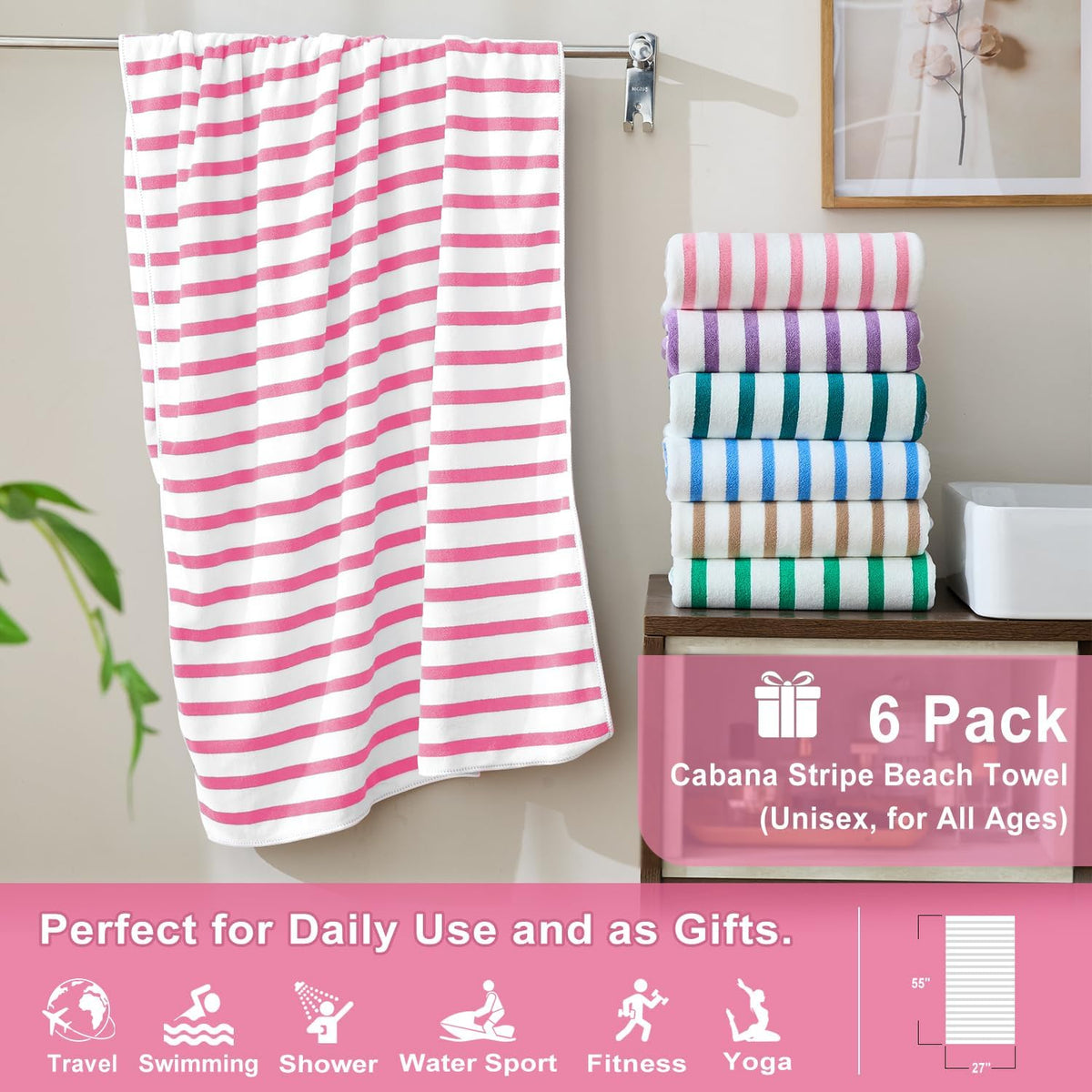Microfiber Beach Towels Set of 6, 27" x 55", Cabana Stripe Pink