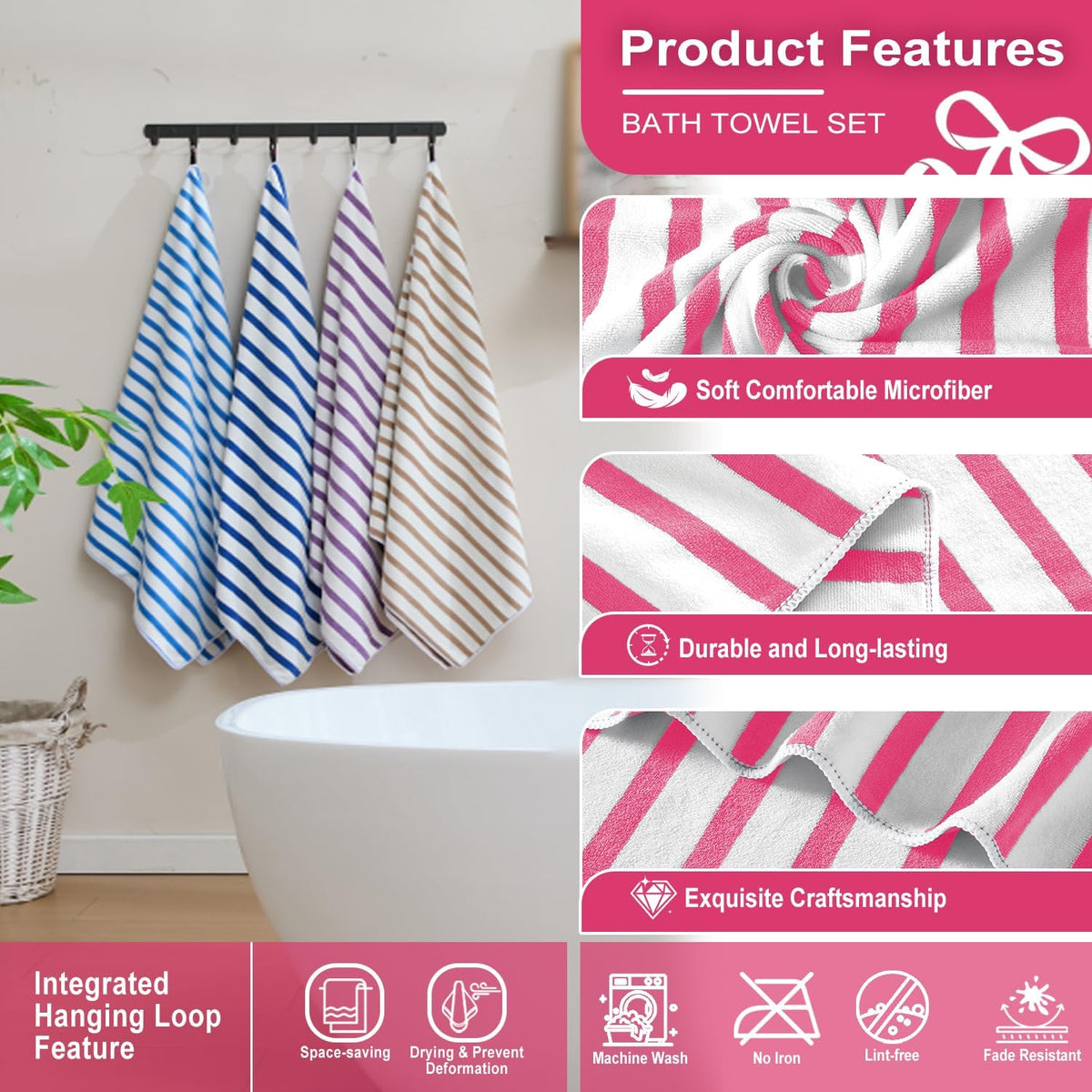 Microfiber Beach Towels Set of 6, 27" x 55", Cabana Stripe Pink