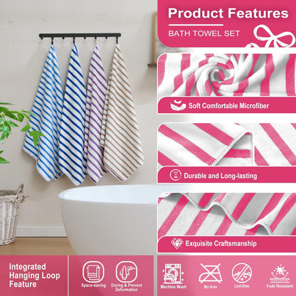 Microfiber Beach Towels Set of 6, 27" x 55", Cabana Stripe Pink