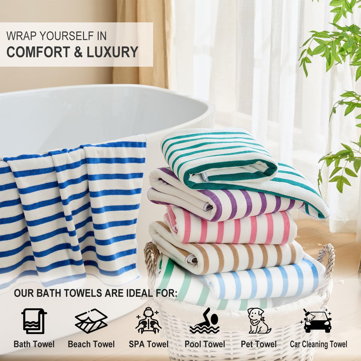 Microfiber Beach Towels Set of 6, 27" x 55", Cabana Stripe Pink