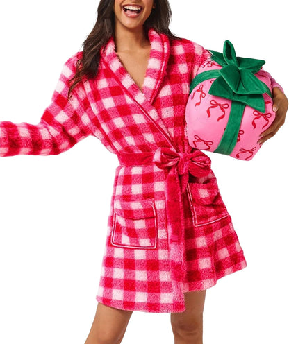 Women Striped Plush Soft Long Towel Robe Shawl Collar Bathrobe Lightweight Warm Gown with Belt