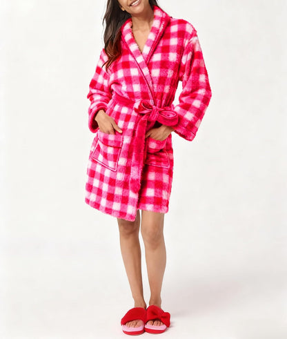 Women Striped Plush Soft Long Towel Robe Shawl Collar Bathrobe Lightweight Warm Gown with Belt