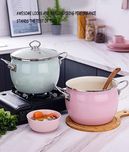 Kitchen Enamel Stockpot with Lid Soup Pot Nonstick Enamel on Steel Stock Pot Enamelware Cooking Pot Large Simmer Pot with Handle for Induction Cookers And Stove,Pink