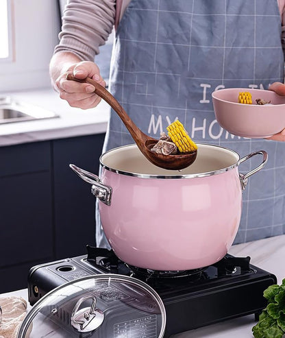 Kitchen Enamel Stockpot with Lid Soup Pot Nonstick Enamel on Steel Stock Pot Enamelware Cooking Pot Large Simmer Pot with Handle for Induction Cookers And Stove,Pink